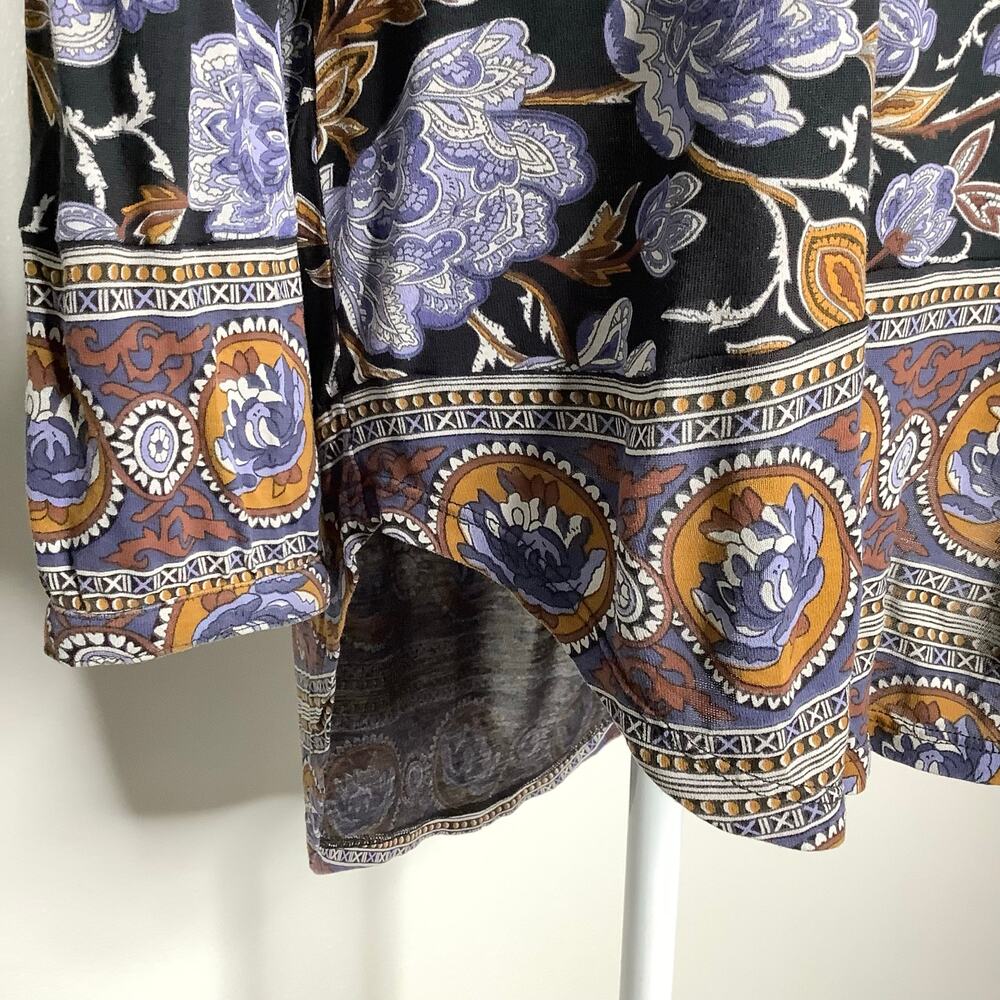 Lucky Brand Black Blue Tan Floral Print 3/4 Sleeve Boho Blouse Top Medium - Picture 4 of 7